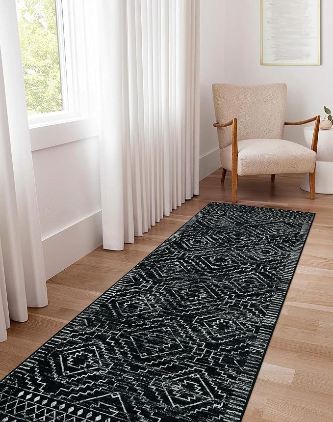 Wonnitar Washable Runner Rugs for Hallway 2'6"x10', Moroccan Non-Slip Black Long Kitchen Runner, Low Pile Boho Soft Carpet Runner for Entrance Living Room Entryway Bedroom (Black,2'6"x10')