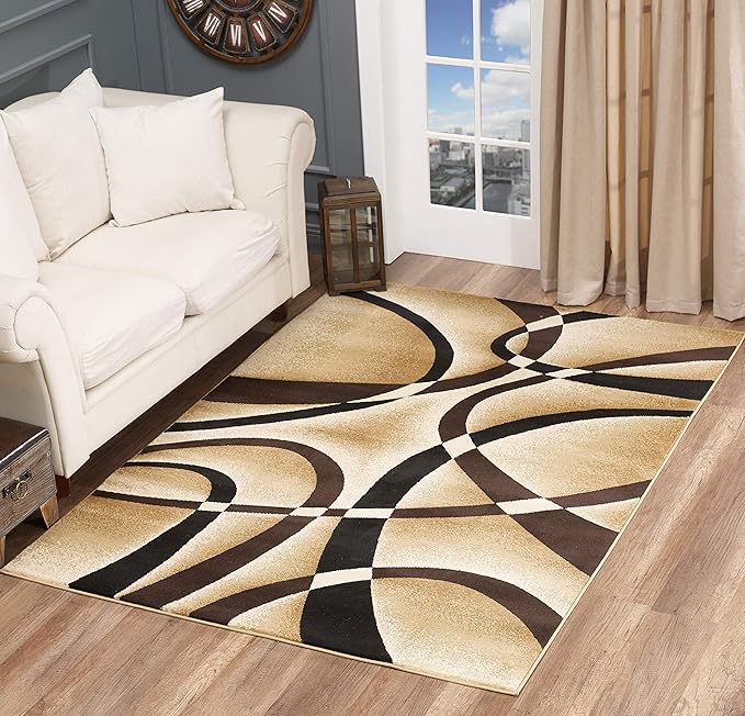 GLORY RUGS Modern Area Rug 4x6 Beige Swirls Carpet Bedroom Living Room Contemporary Dining Accent Sevilla Collection 4816A (Brown)