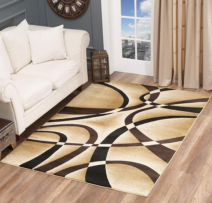 GLORY RUGS Modern Area Rug 5x7 Beige Swirls Carpet Bedroom Living Room Contemporary Dining Accent Sevilla Collection 4816A (Brown)
