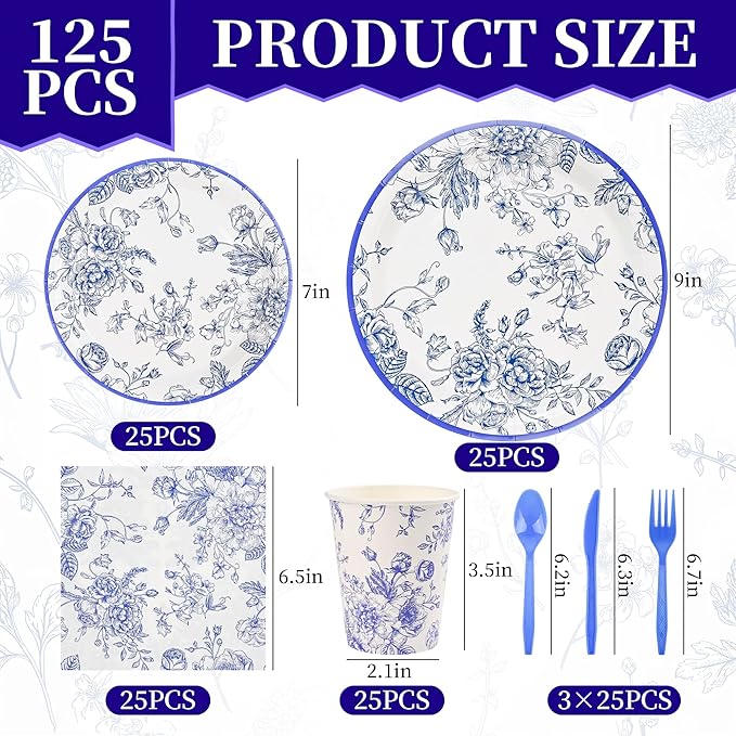 175Pcs Blue Floral Paper Plates and Napkins 25 Guests Blue Toile Chinoiserie Party Supplies Set Include Plates Napkins Cups Spoons Forks Knives for Birthday Wedding
