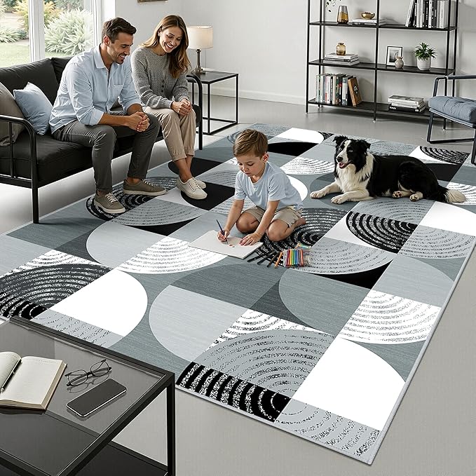 Merelax Large 4x6 Geometric Entryway Rug Indoor - Washable Non-Slip Low Pile Soft Area Rug for Entrance, Kitchen, Mudroom, Office, Modern Aesthetic Abstract Decor Thin Carpet, Black/Grey/White