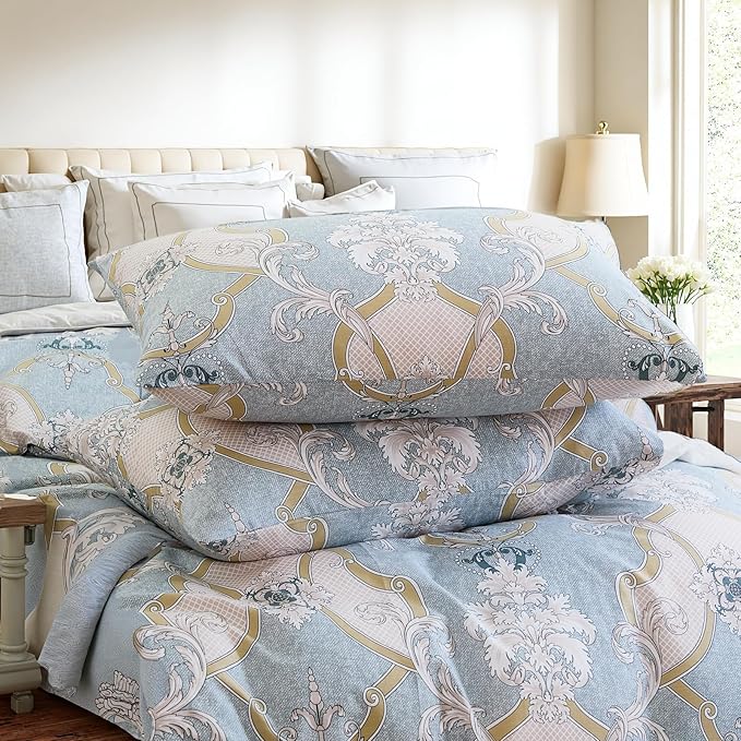 100% Natural Cotton Duvet Cover Set Queen 3 Pcs Grayish Blue Duvet Cover with Luxurious Damask Pattern, Reversible Breathable Soft Comforter Cover Sets with Zipper Closure All Season