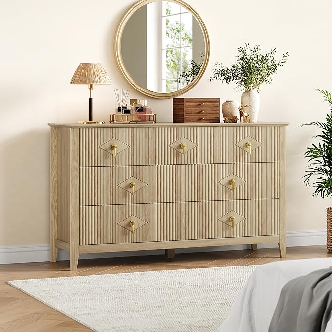 GarveeHome Fluted Dresser for Bedroom, 54 Inch Wide 7-Drawer Wood Dresser, Modern Chest of Drawers, Storage Organizer Cabinet for Living Room, Hallway, Entryway, Natural Oak