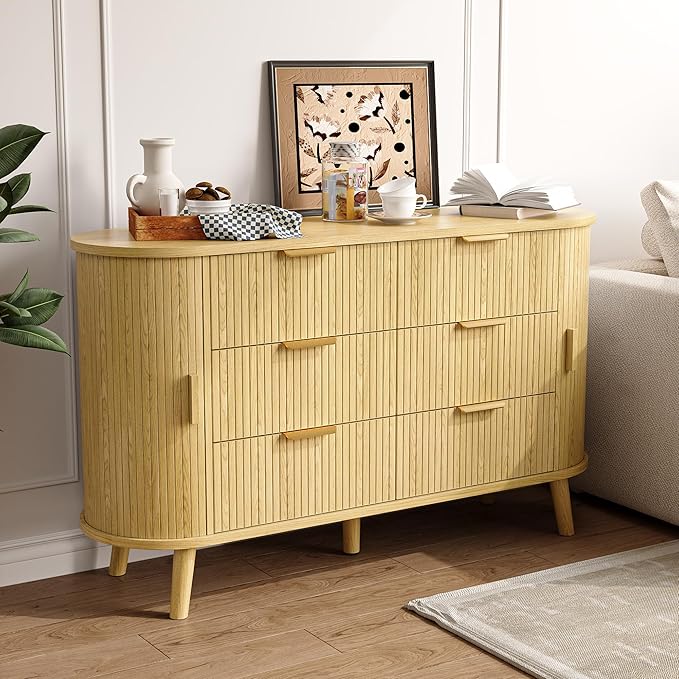Fluted 6 Drawers Dresser, 55'' Wide Mid Century Modern Chest of Drawers with Sliding Door & Metal Handles, Curved Profile & Sturdy Legs, Wood TV Stand for Bedroom, Living Room (Natural Oak)
