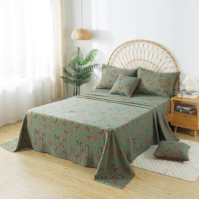 FADFAY Butterfly Sheets Set King Vintage Green Red Floral Bedding Shabby Farmhouse Bedding Super Soft Washed Double -Layer Muslin Sheets 100% Cotton Deep Pocket Fitted Sheet 4Pcs, King Size