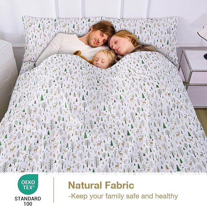 Softan Christmas Holiday Queen Size Sheet Set, Printed Microfiber Fitted Bed Sheet with 15" Deep Pocket & Non-Slip Straps, Forest Deer Patterned Sheets & Pillowcase Set