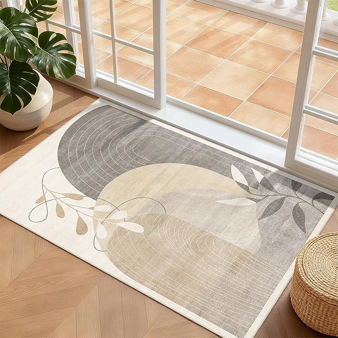 MUJOO 2x3 Washable Rug Small Area Rugs for Entryway Kitchen Bedroom,Boho Non Slip Throw Carpet for Bathroom Entrance Door Mat Mid Century Modern Abstract Botanical Geometric Accent Neutral Beige