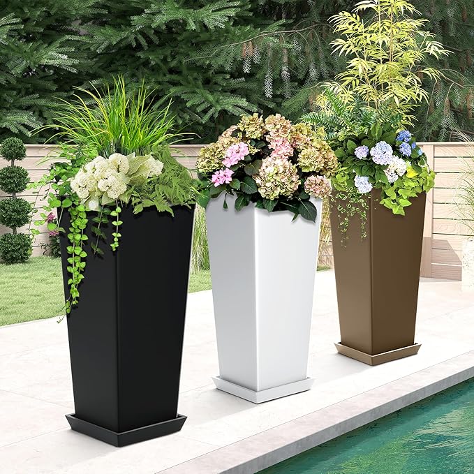 24" Tall Planters for Outdoor Plants, Set of 2 Large Outdoor Planters for Front Porch Decor with Drainage Hole, Tall Planter (Black)