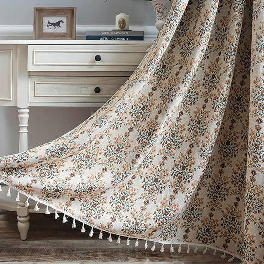 ENJOYBRIDAL Floral Curtains 96 Inch Length 2 Panels Vintage Flower Patterned Drapes Boho Semi Sheer Tassel Rustic Country Rod Pocket Botanical Farmhouse Window Curtain Panels for Bedroom Living Room