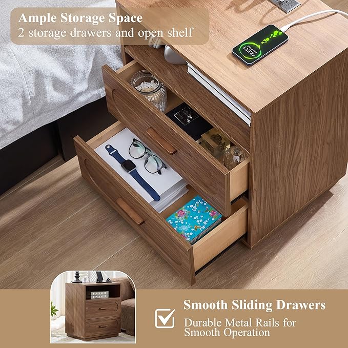 Walnut Night Stand with Charging Station, 21.7" Wide Wood End Table with 2 Storage Drawers, Open Shelf & Unique Base, Mid Century Modern Bedside Table for Bedroom, Living Room, Walnut