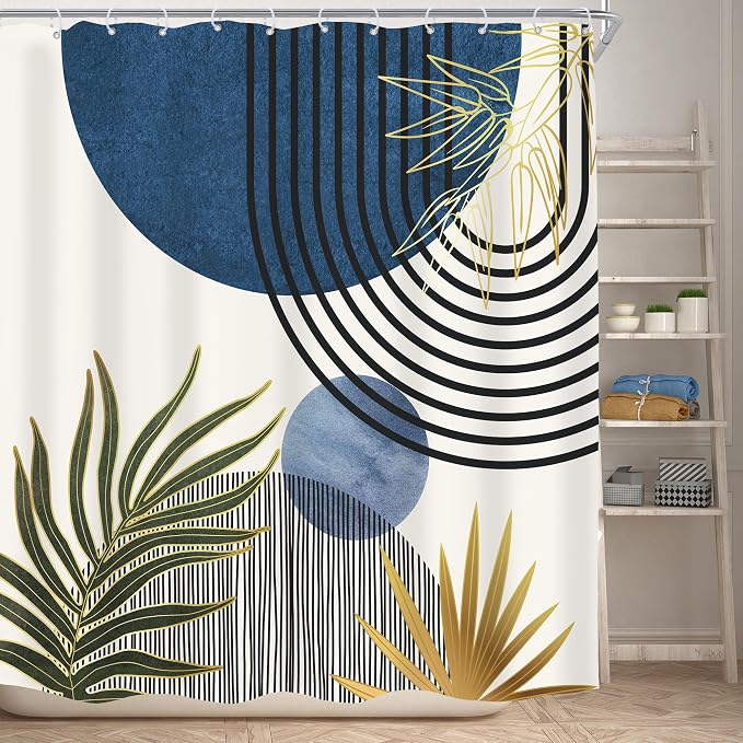 KOMLLEX Mid Century Blue Green Boho Shower Curtain 72Wx72L Inches Abstract Modern Shower Curtains for Bathroom Decor Plant Botanical Minimalist Arch Sun Fabric Liner Waterproof Polyester 12 Pack Hooks