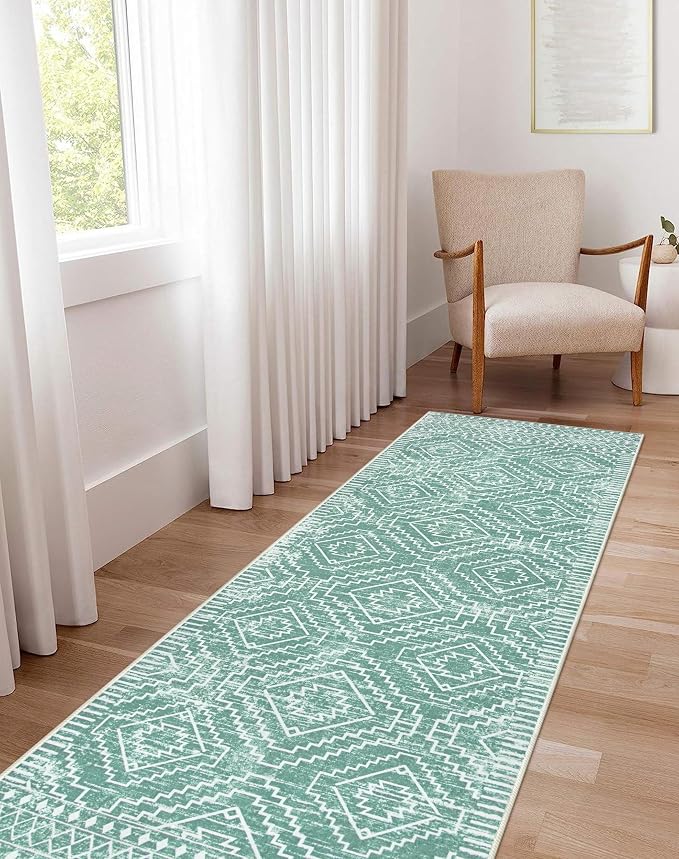 Wonnitar Moroccan Kitchen Runner Rug Washable Non-Slip, 2'6"x10' Mint Green Hallway Rugs, Boho Long Runner Rug for Entryway, Low Pile Soft Runner for Bathroom Laundry Entrance (Mint Green,2'6"x10')