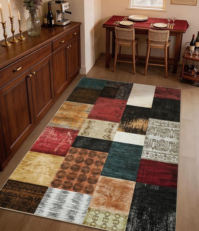 YIHOUSE Mid Century Modern Vintage Cowboy Area Rug 3x5 for Bedroom,Retro Patchwork Living Room Rug Non Slip,Red and Brown Floral Farmhouse Rugs Washable, Geometric Boho Rugs for Kitchen,Dining Room