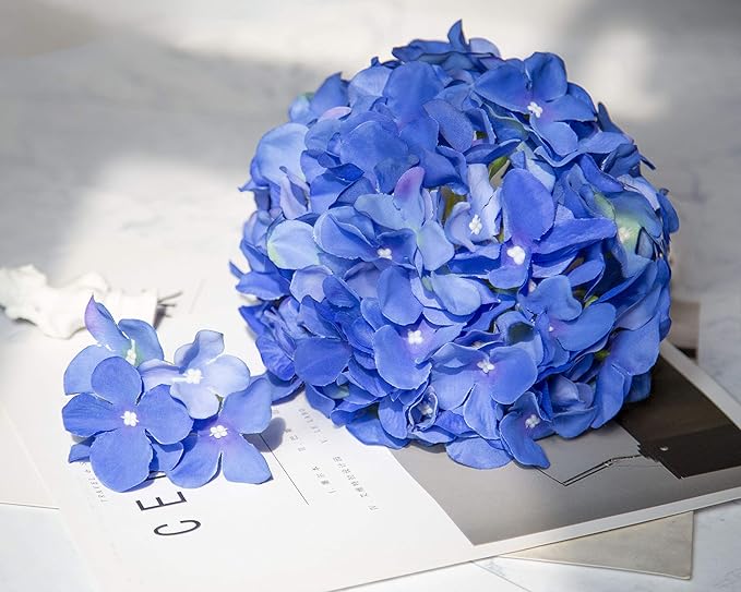 DuHouse Artificial Hydrangea Silk Flower Heads with Stem Fake Royal Blue Hydrangea Flowers for Wedding Home Garden Centerpiece Pack of 6(Royal Blue)