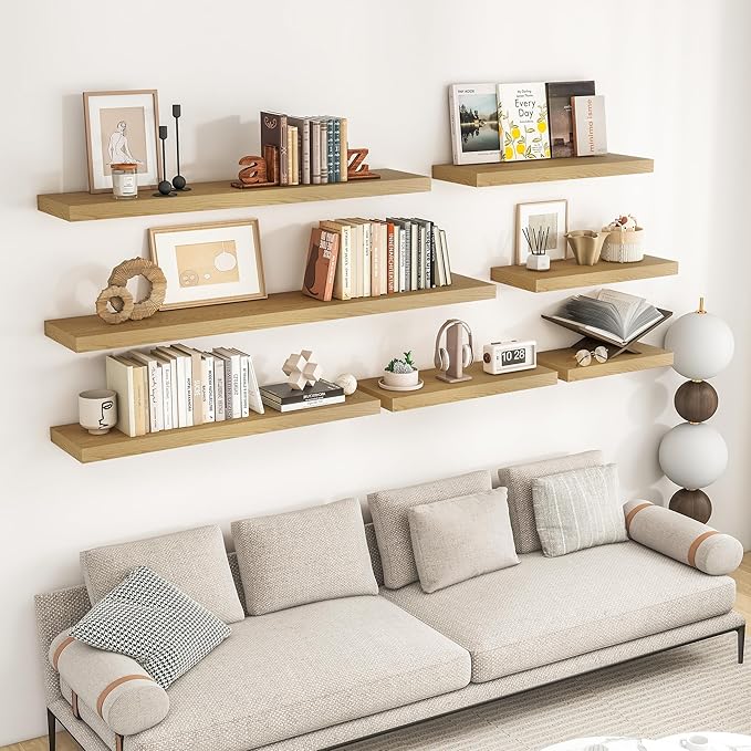 RICHFOCUS 36Inch Floating Shelves for Wall 2 Pack Shelves for Bedroom|Kitchen|Bathroom Wall Mounted Rustic Wood Floating Shelf with Invisible Brackets for Books|Storage|Decor, Oak