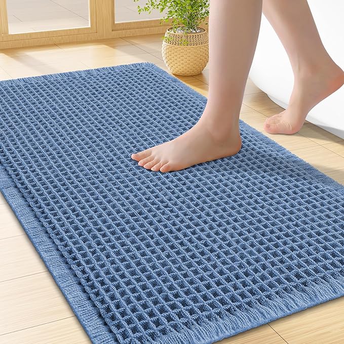 Smiry Waffle Bath Mat 24x16, Extra Soft Absorbent Bathroom Rugs, Non Slip Machine Washable Quick Dry Bath Rugs for Bathroom Floor, Tub, Shower, Home Decor Accessories, Blue