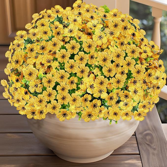 14 Bundles Artificial Flowers UV Resistant for Patio Outdoors Fake Faux Silk Plants Realistic Plastic Flowers Indoors Porch Window Home Decoration (14, Yellow)