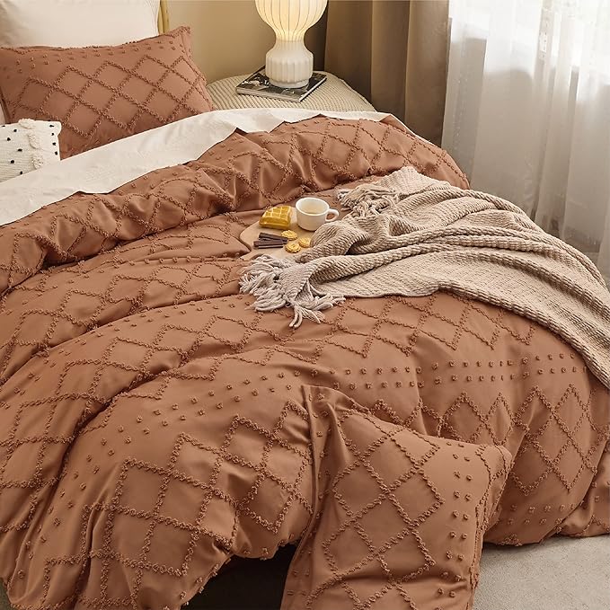 Bedsure Boho Duvet Cover Full Size - Burnt Orange Breathable & Soft Boho Bedding, Machine Washable Comforter Cover for All Seasons, Includes 1 Duvet Cover 80"x90" with 2 Pillow Shams & Zipper Closure