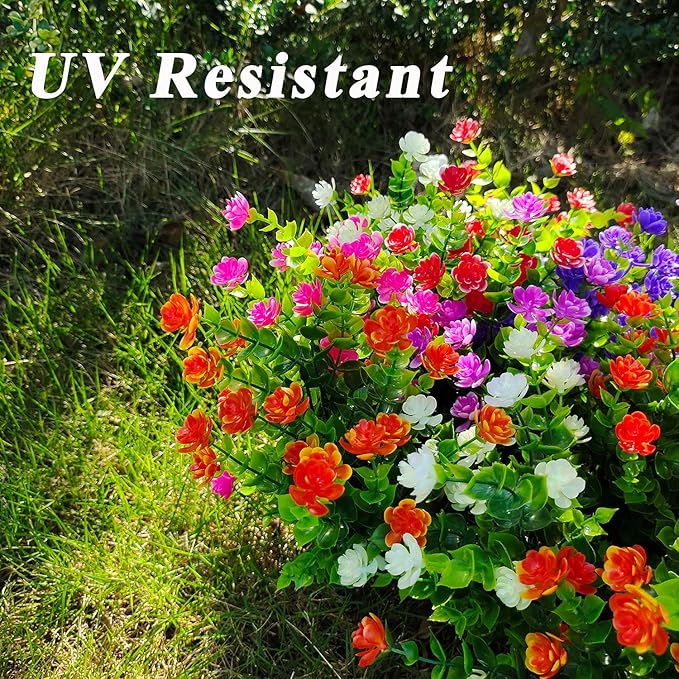 21 Bundles Outdoor Faux Plants UV Resistant Faux Bushes Plastic Artificial Flowers Fake Outdoor Plants for Home Garden Decor (7 Colors)