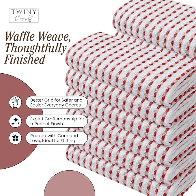 TWINY threads Waffle Kitchen Towels 100% Cotton Set of 4, Ultra Absorbent Dishcloth Set, Absorbent, Quick Dry & Soft Waffle Texture Cloths for Drying Dishes & Household Cleaning, Rust & White