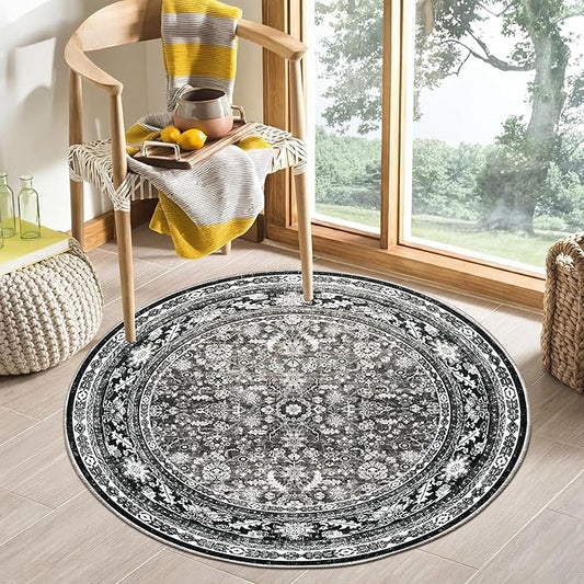 OPPODREAM Vintage Black Round Rug 4ft, 4 ft Retro Washable Circle Rug Non Slip, Low-Pile Faux Wool Circular Carpet, Distressed Floor Mat for Living Room, Bedroom, Office, Dorm, Dinning Room