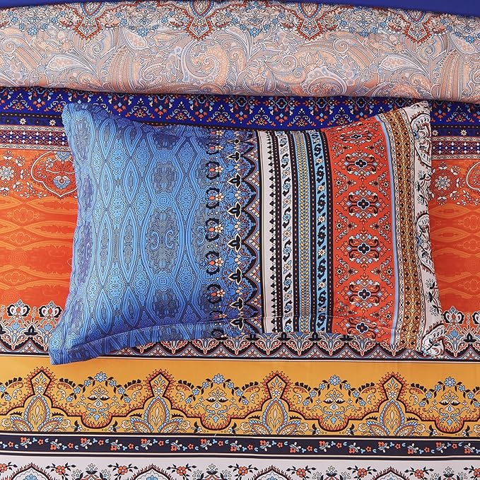 Cottolester Boho Comforter Set Queen Size 8 Piece Bed in a Bag Burnt Orange Paisley Fall Comforter and Sheet Set Bohemian Striped Bedding Set,Soft Microfiber Complete Bedding Set