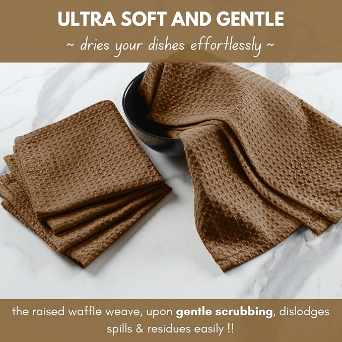 Native Fab 6 Pack Waffle Dish Cloths -100% Cotton, Absorbent, Quick Drying & Soft Towels for Cleaning, Cooking & Drying Dishes - Perfect for Home, Restaurants & Bars, 12" x 12" - Brown