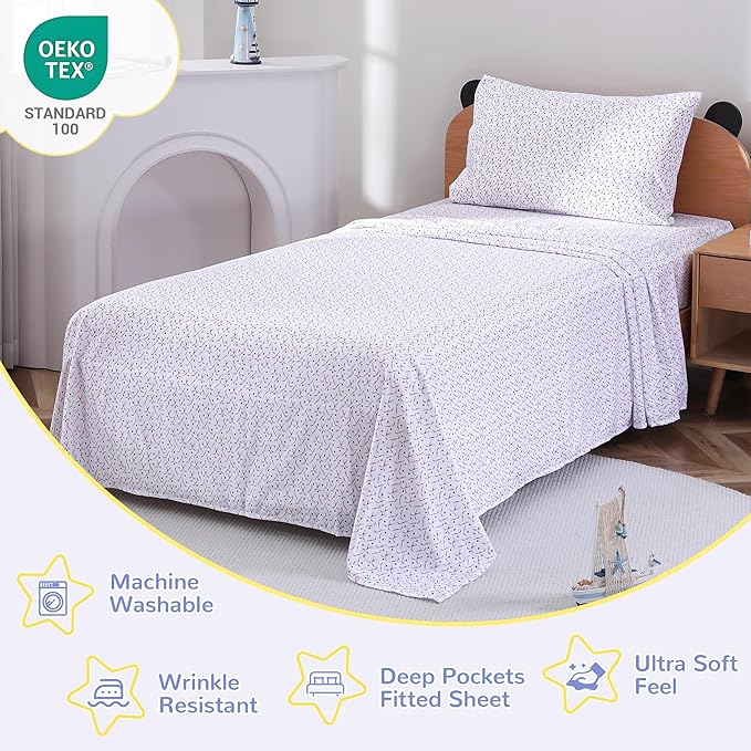 Viviland 3 Pieces Boys Sport Ball Twin Sheet Set - Soft Microfiber Fitted Flat Sheets & Pillowcase - Hockey Bedding Sets - for Kids & Toddlers