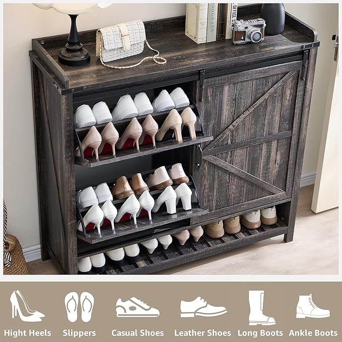 OKD Shoe Storage Cabinet with 2 Flip Drawers & Sliding Door, Farmhouse Entryway Shoe Organizer, Freestanding Rustic Hidden Shoe Rack Cabinet for Entryway, Dark Rustic Oak