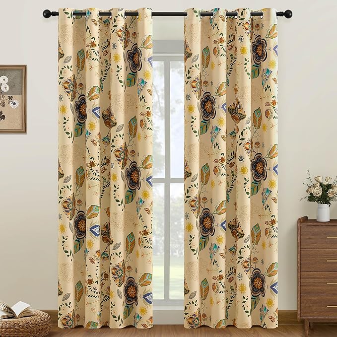 XiDi Beige Floral Curtains 90 Inches Long 2 Panels Vintage Patterned Blackout Curtains for Bedroom Living Room Thermal Insulated Grommet Rustic Luxury Colorful Botanical Flower Printed Drapes 52x90