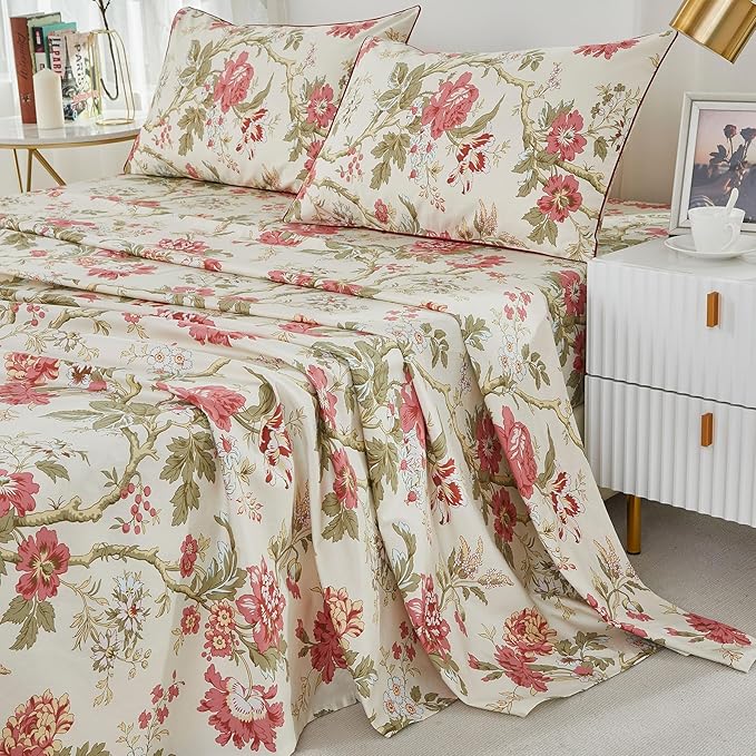 Brandream Floral Bedding Chinoiserie Blossom Farmhouse Sheets Set Queen Size Luxury Grandmillennial Bedding Decor 100% Egyptian Cotton Deep Pocket, 4Pieces Botanical Tree Branches Ornamental Drawing