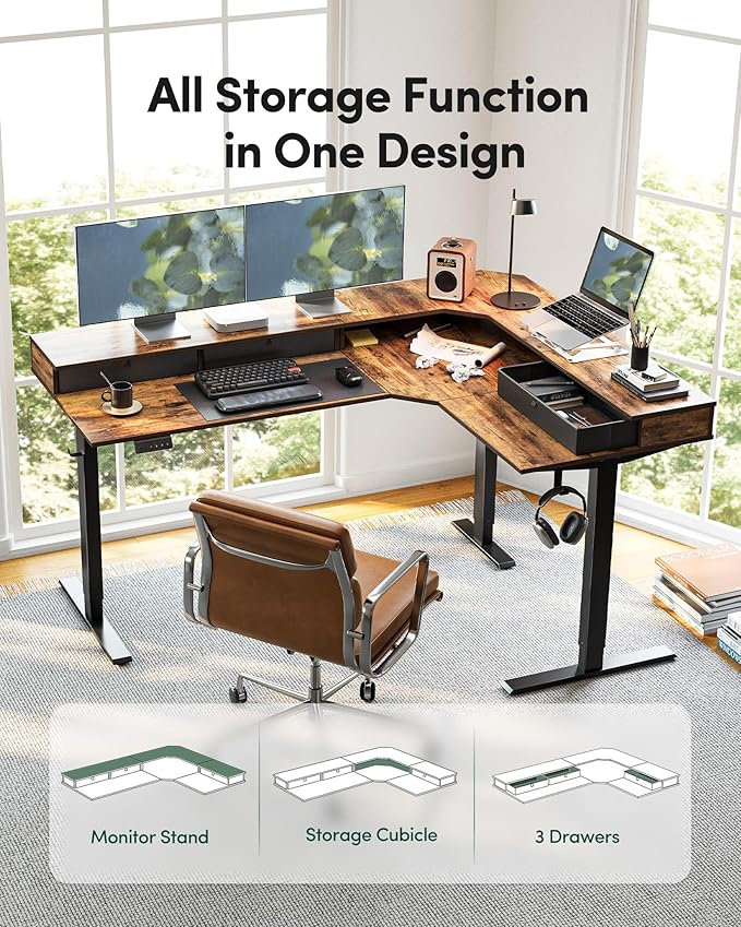 FEZIBO L Shaped Electric Standing Desk, 63x48 inch Large with Drawers | Reversible Tabletop, 2 Memory Height Settings | Home Office & Gaming Height-Adjustable Table, Rustic BrownTop/Black Frame