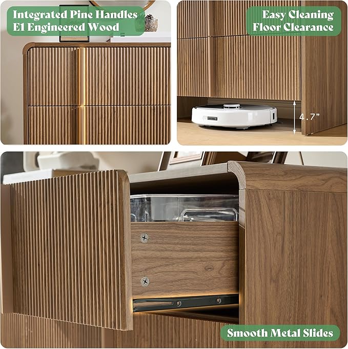 AMERLIFE 63" Fluted 6 Drawer Dresser, Wide Modern Chest of Storage Drawers with Pine Handles, Rounded Corners & Anti-Tip, Wood Drawer Organizer for Cloth, Bedroom, Living Room, Hallway, Dark Walnut