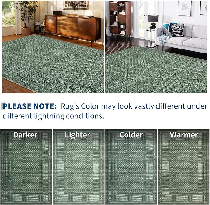 Washable Rugs 8 x 10 Rug for Living Room Modern Green Bedroom Rug Checkered Farmhouse Plaid Large Area Rug Non Slip Throw Rugs Soft Low Pile Stain Resistant Carpet for Nursery 8'x10' Green