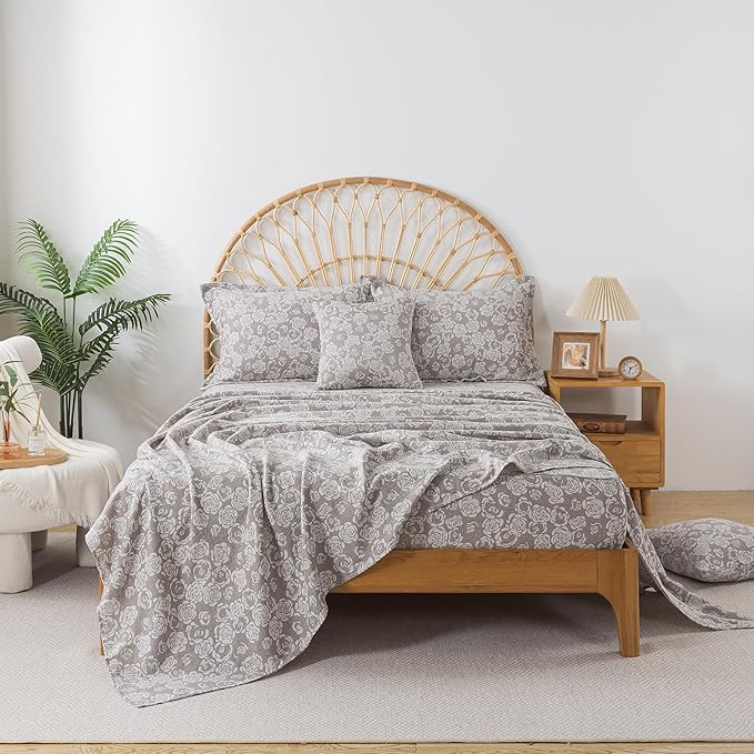 FADFAY Rose Sheets Set King Vintage Curry Floral Bedding Shabby Farmhouse Bedding Super Soft Washed Double -Layer Muslin Sheets Luxury 100% Cotton Breathable Deep Pocket Fitted Sheet 4Pcs, King Size