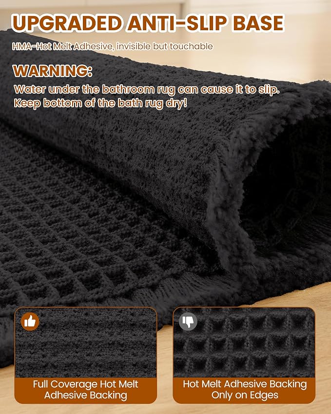 Smiry Waffle Bath Mat 60x24, Extra Soft Absorbent Bathroom Rugs, Non Slip Machine Washable Quick Dry Bath Rugs for Bathroom Floor, Tub, Shower, Home Decor Accessories, Black