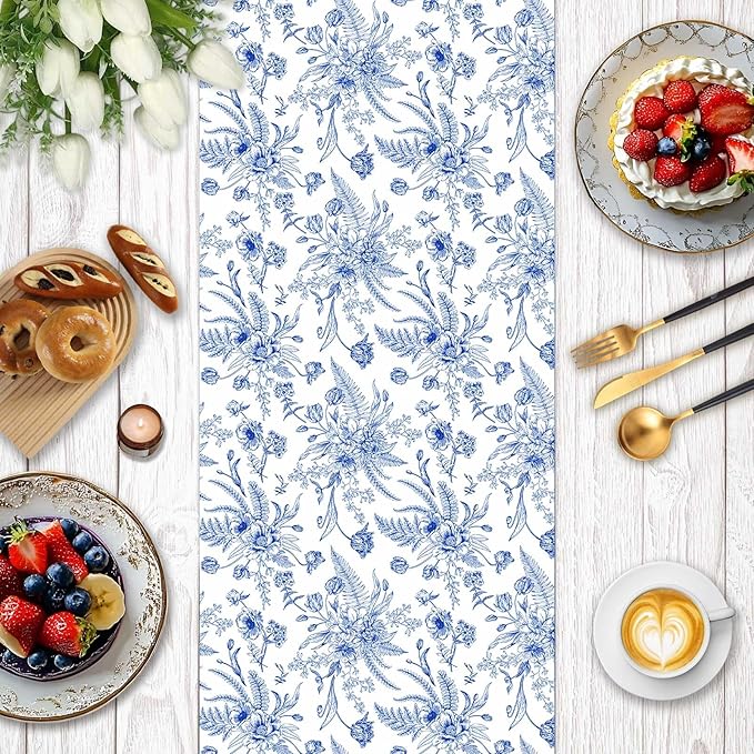 Yarcony Blue Floral Wrapping Paper Roll, Blue and White Wrapping Paper, Elegant Vintage Toile Flower Garden Gift Wrap for Upscale Gifts, Wedding, Birthday, Baby Shower, Mother's Day (17 In X 16.5 Ft)