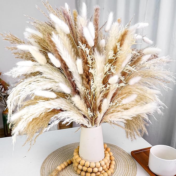 Dried Flower Bouquet - Pampas Grass, Bunny Tails & Preserved Flowers - Boho Chic Home Decor, Rustic Wedding Centerpiece, Farmhouse Style Arrangement, Long-Lasting Gift (113PCS)