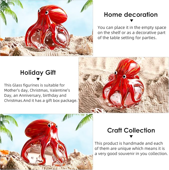 EUSTUMA Hand Blown Glass Octopus Figurine Ornament,Sea Animal Ornament for Fish Tank Aquarium,Sea Animals Collection for Birthday Gift,Glass Office Paperweight for Desk.