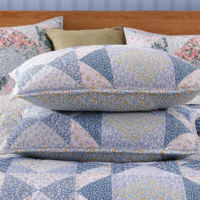 Quilt Set King Size, Patchwork Blue Marigold Floral Quilt Sets, Reversible Bedspread Lightweight and Breathable for All Seasons, Soft Quilted Bedspread with 2 Pillow Shams