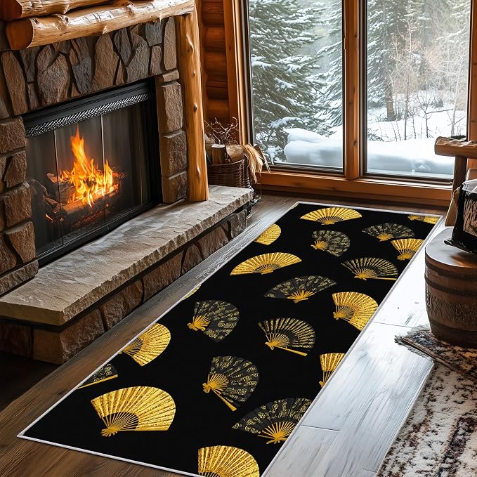 Oriental Fan Runner Rug 3x9, Black and Gold Vintage Asian Design, Japanese Style Area Rug, Washable Carpet Runner for Bedroom, Standard Hallways, Kitchen Walkway, Dining Room Sideboard