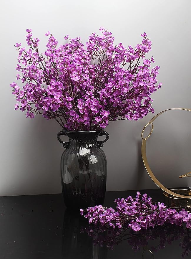 10pcs Babys Breath Artificial Flowers With Vase Gypsophila Bouquet Bulk Fake Spring Silk Flowers Real Touch Faux Floral for Home Bedroom Kitchen Garden Wedding Christmas DIY Decor (Purple)