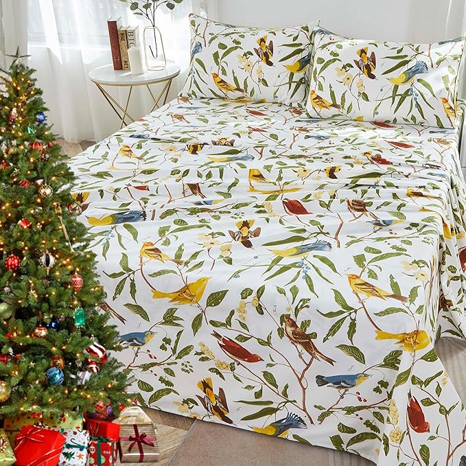 Brandream Eastern Floral Birds Bedding Chinoiserie Blossom Sheet Set Luxury Bedding 800TC 100% Egyptian Cotton Deep Pocket White Green Asian Style Botanical Ornamental Drawing, 4PC-King Size