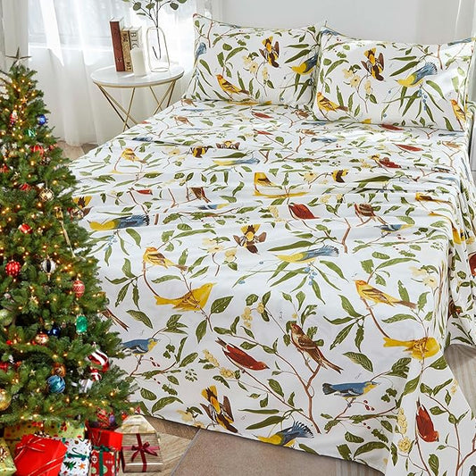 Brandream Eastern Floral Birds Bedding Chinoiserie Blossom Sheet Set Luxury Bedding 800TC 100% Egyptian Cotton Deep Pocket White Green Asian Style Botanical Ornamental Drawing, 4PC-King Size