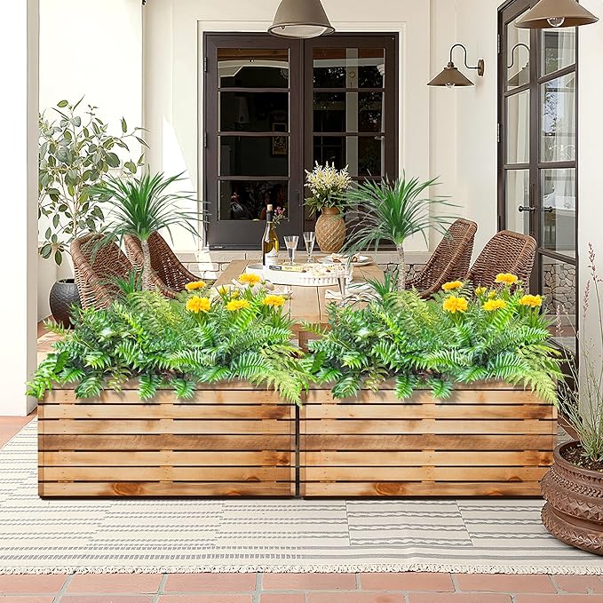 Metal Planter Box Rectangular Planter Box with Drainage Hole, Outdoor Large Planters, All-Weather Use, Rust-Resistance, for Flowers Plants, 32" L × 15" W × 16.3" H, Dark Walnut