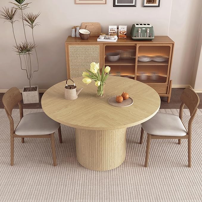 weselon Round Dining Table for 4, Modern Farmhouse Kitchen Table, 47 Inch Small Circle Dining Tables with Wood Strip Base for Kitchen Living Room (Natural)
