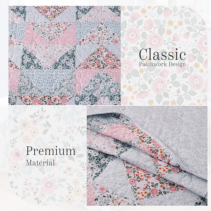 Quilt Set King Size, Patchwork Pink Floral Quilt Sets, Reversible Bedspread Lightweight and Breathable for All Seasons, Soft Quilted Bedspread with 2 Pillow Shams