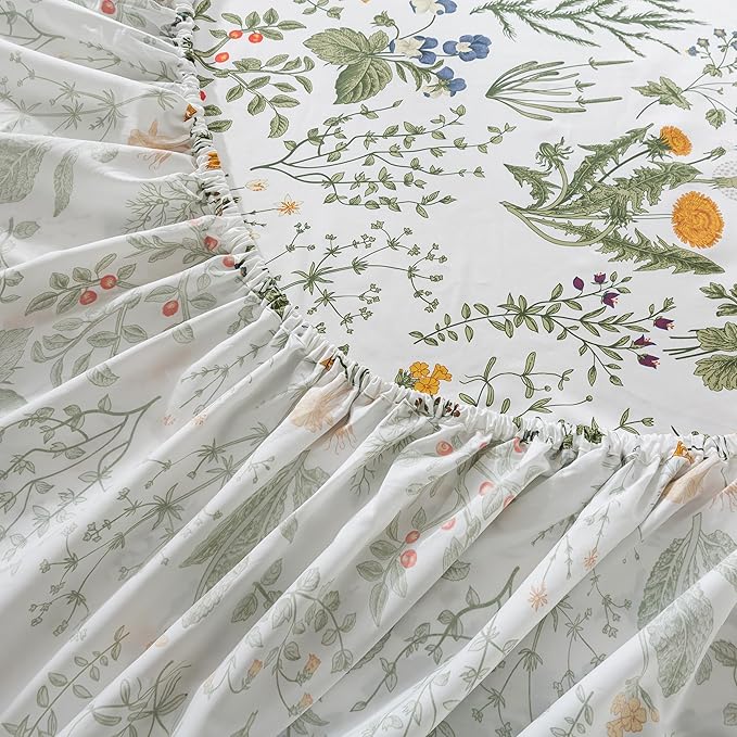 FADFAY 100% Egyptian Cotton Sheets Queen Botanical Printed Floral Sheets Yellow Flowers & Leaves Pattern Farmhouse Bedding Soft and Breathable French Country Bedding 4Pcs Deep Pocket Queen Sheet Set
