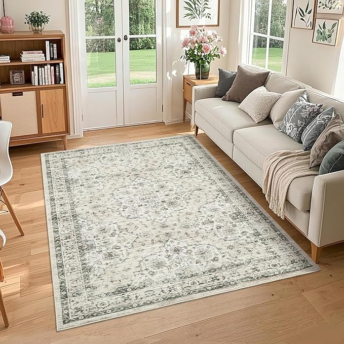 Washable 5x7 Area Rug Boho Vintage Soft Living Room Rug Non-Slip Dining Room Floor Carpet Low Pile Non Shedding Boho Accent Rug Oriental Indoor Carpet for Bedroom Home Decor Office, Beige