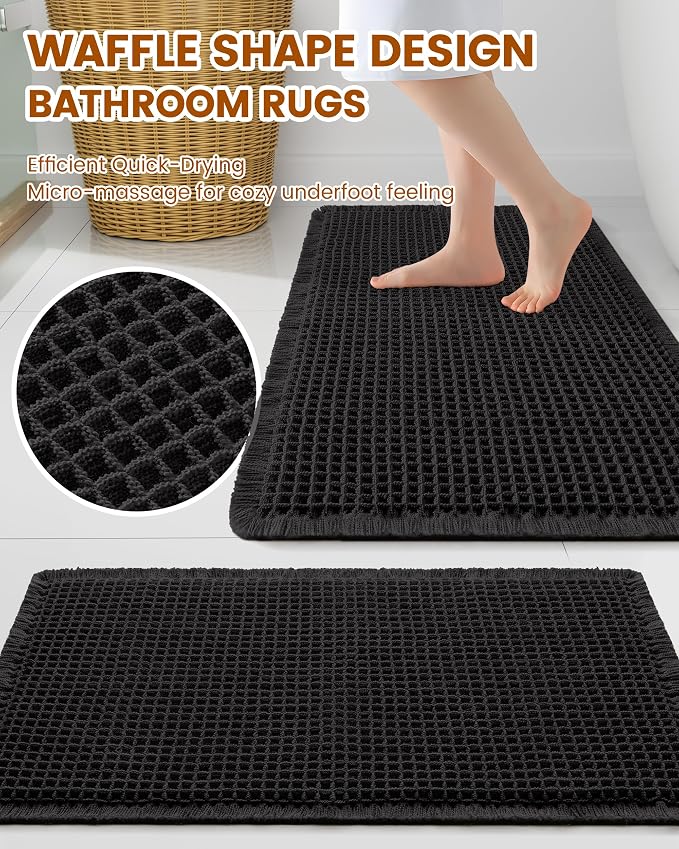 Smiry Waffle Bath Mat 72x24, Extra Soft Absorbent Bathroom Rugs, Non Slip Machine Washable Quick Dry Bath Rugs for Bathroom Floor, Tub, Shower, Home Decor Accessories, Black